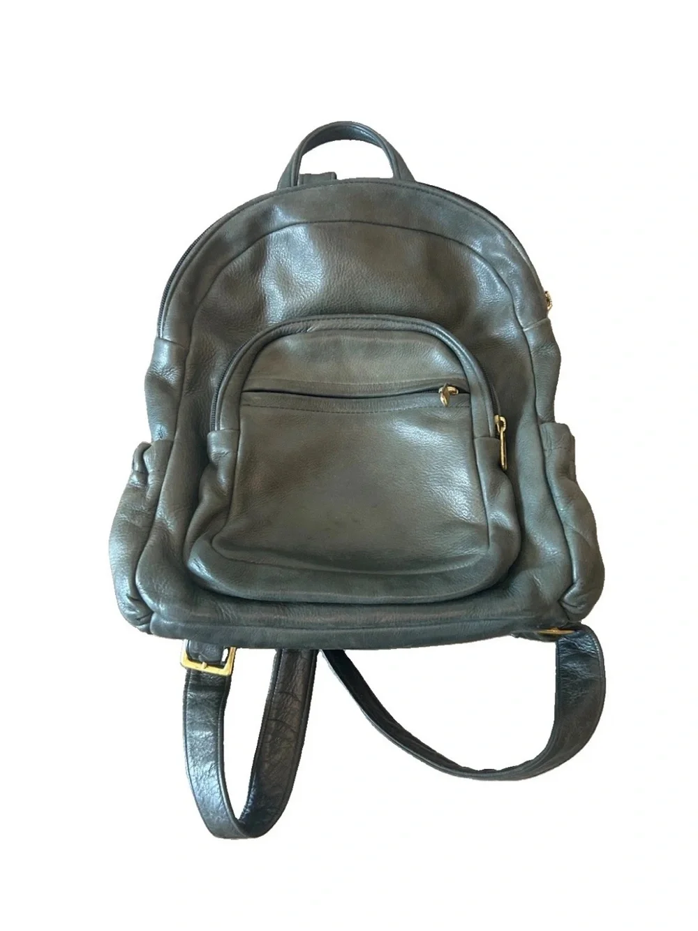 Vintage 90s Olive Green Genuine Leather Backpack Purse Brass YKK Slouchy